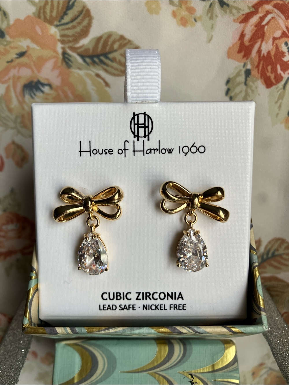 House of Harlow 1960 Gold Bow Drop Earrings with Teardrop Cubic Zirconia